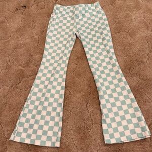 Kids Checkerboard Flared Pants - Mint & White